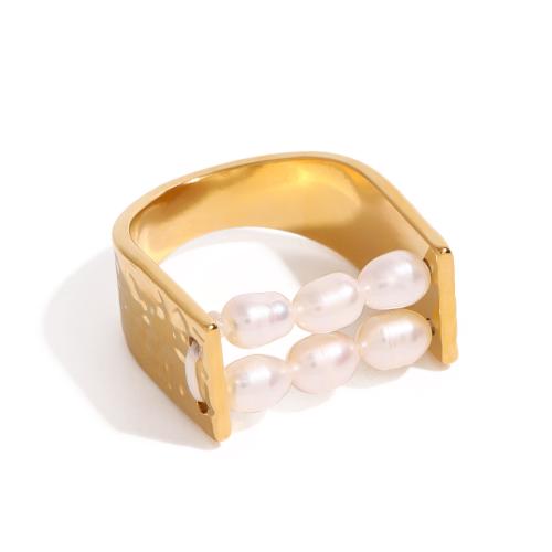 Stainless Steel Finger Ring, 304 Stainless Steel, with Plastic Pearl, plated, for woman, gold, Sold By PC