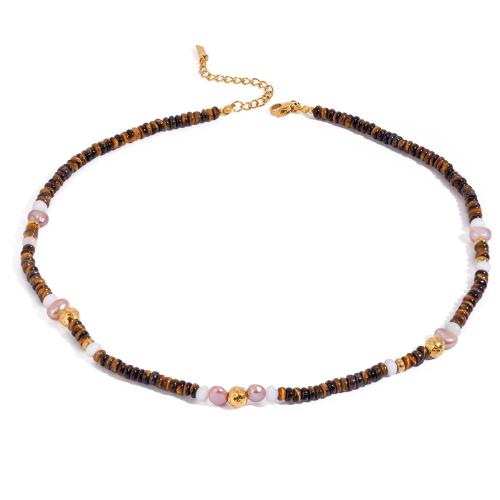 Stainless Steel Jewelry Necklace, 304 Stainless Steel, with Natural Stone & Tiger Eye & Plastic Pearl, plated, for woman, gold, Sold By PC