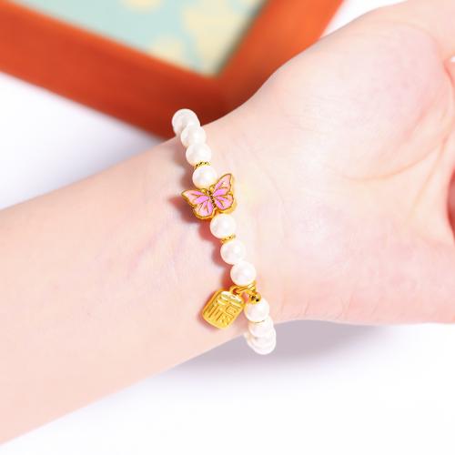 Brass Bracelet, with Plastic Pearl, Butterfly, sang gold plated, different styles for choice & for woman & enamel, Hole:Approx 5mm, Length:Approx 6-7 Inch, Sold By PC