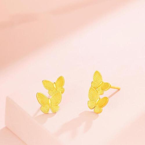 Brass Stud Earring, Butterfly, gold color plated, sand blast & for woman, 9.80x9.20x12mm, Sold By PC