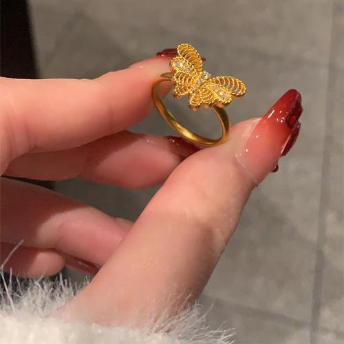 Brass Cuff Finger Ring, Butterfly, sang gold plated, for woman & with rhinestone & hollow, US Ring Size:8.5, Sold By PC