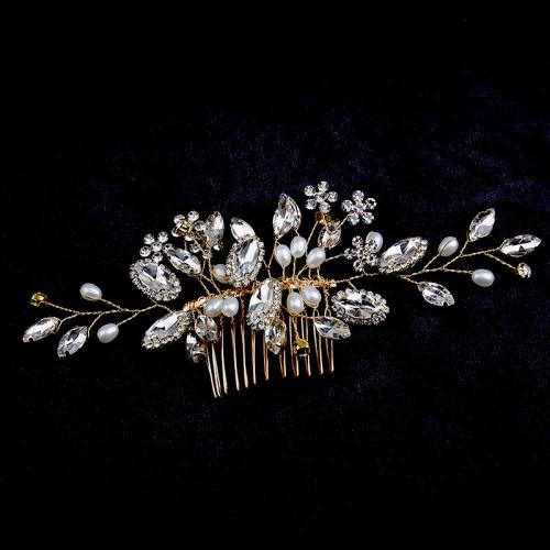 Decorative Hair Combs, Iron, with brass wire & Plastic Pearl, for bridal & for woman & with rhinestone, golden, 150x60mm, Sold By PC