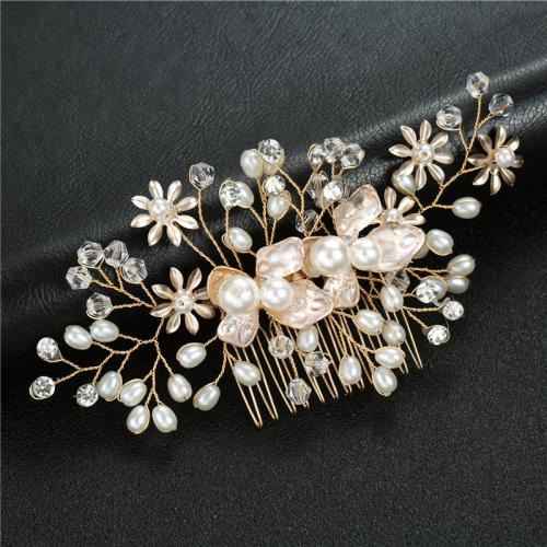 Decorative Hair Combs, Tibetan Style, with brass wire & Crystal & Plastic Pearl, for bridal & for woman, golden, 130x60mm, Sold By PC