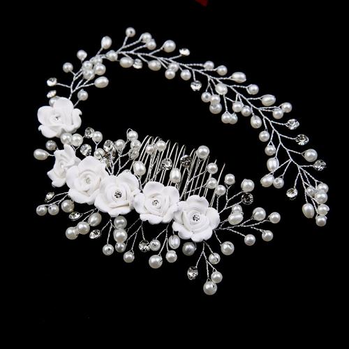 Decorative Hair Combs, Iron, with brass wire & Polymer Clay & Plastic Pearl, for bridal & with rhinestone, white, 280x60mm, Sold By PC