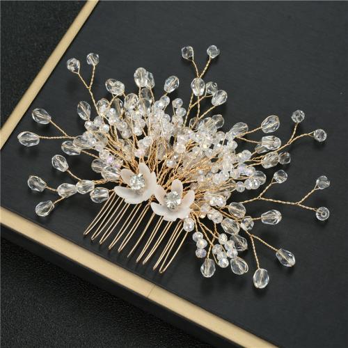 Decorative Hair Combs, Iron, with brass wire & Crystal, for bridal, golden, 120x90mm, Sold By PC