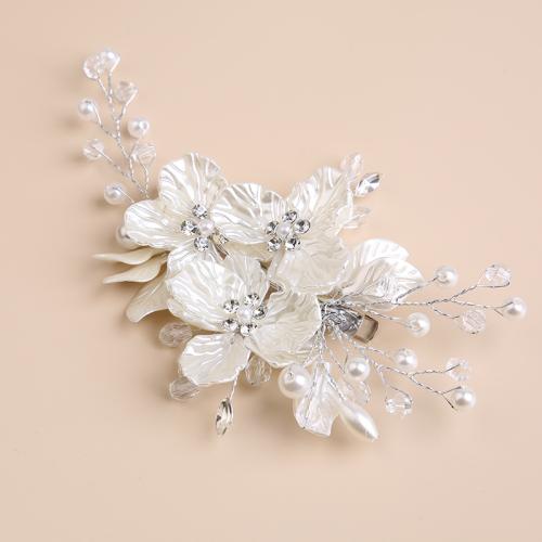 Alligator Hair Clip, Iron, with Crystal & Plastic Pearl, for bridal, silver color, 140x80mm, Sold By PC