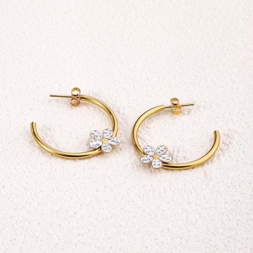 Stainless Steel Stud Earrings, 304 Stainless Steel, 18K gold plated, fashion jewelry & for woman & with rhinestone, golden, 30mm, Sold By Pair