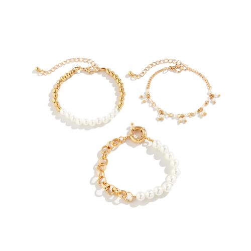 Tibetan Style Bracelet, with Plastic Pearl, gold color plated, three pieces & fashion jewelry, golden, nickel, lead & cadmium free, Sold By Set