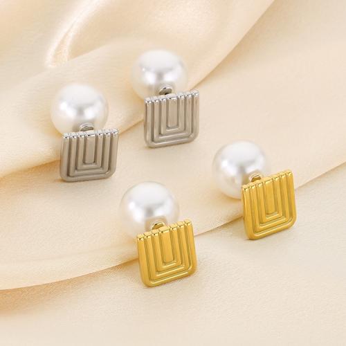 Stainless Steel Stud Earrings, 304 Stainless Steel, with Plastic Pearl, plated, fashion jewelry & for woman, more colors for choice, 16x15mm, Sold By Pair