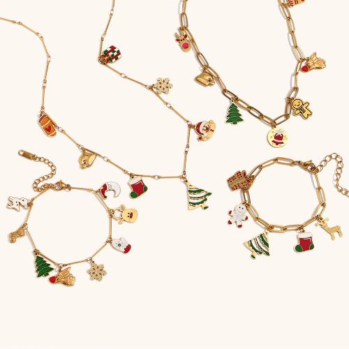 Acier inoxydable 304 parure de bijoux, Plaqué or 18K, Conception de Noël & styles différents pour le choix & pour femme & émail, Vendu par PC