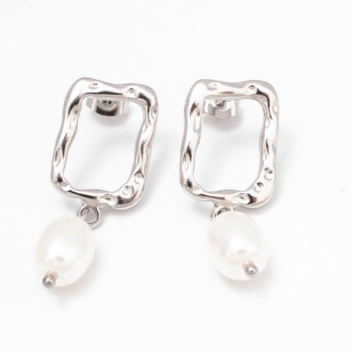 Stainless Steel Stud Earrings, 304 Stainless Steel, with Plastic Pearl, Vacuum Ion Plating, fashion jewelry & for woman & hollow, more colors for choice, 34x13mm, Sold By Pair