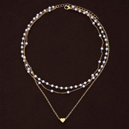 Tibetan Style Jewelry Necklace, with Plastic Pearl, plated, three layers & fashion jewelry & for woman, golden, Sold By Set