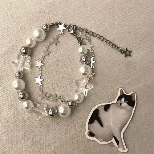 Tibetan Style Bracelet, with Plastic & Plastic Pearl, plated, for woman, silver color, Length:Approx 18 cm, Sold By PC