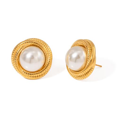 Stainless Steel Stud Earrings, 304 Stainless Steel, with Plastic Pearl, plated, for woman, gold, Sold By Pair