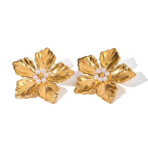 Stainless Steel Stud Earrings, 304 Stainless Steel, with Plastic Pearl, petals, plated, for woman, gold, Sold By Pair