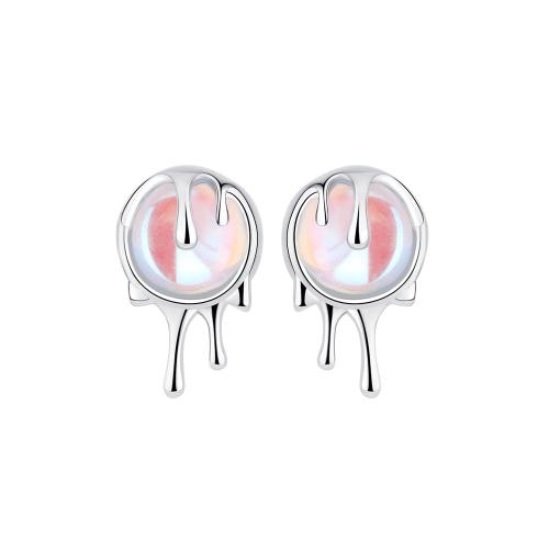 Brass Stud Earring, with Moonstone, plated, for woman, platinum color, 10x16mm, Sold By Pair