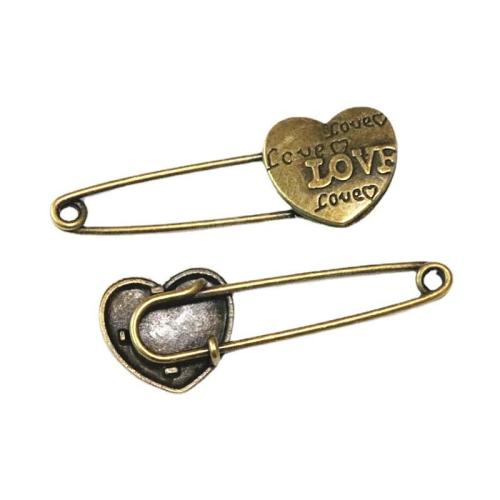 Tibetan Style Safety Pin, Heart, antique bronze color plated, DIY, 54x19mm, 20PCs/Bag, Sold By Bag