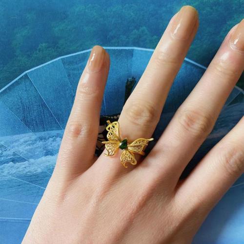 Brass Cuff Finger Ring, with Diopside, Butterfly, gold color plated, for woman & hollow, more colors for choice, US Ring Size:8.5, Sold By PC