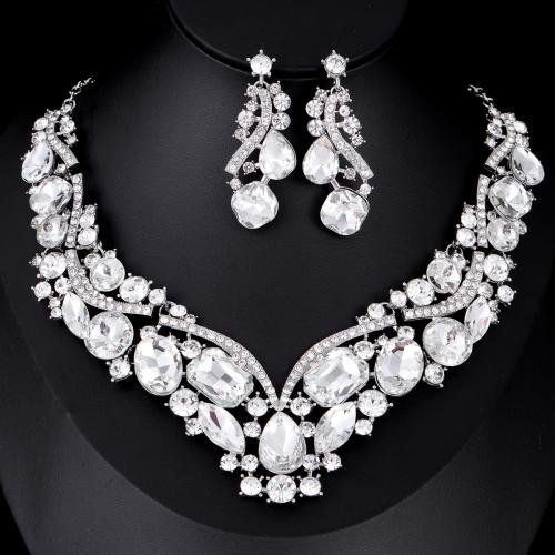 Tibetan Style Jewelry Sets, Stud Earring & necklace, with Crystal, with 5cm extender chain, 2 pieces & fashion jewelry & for woman & with rhinestone, more colors for choice, Length:40 cm, Sold By Set