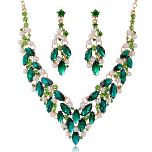 Tibetan Style Jewelry Sets, Stud Earring & necklace, with Glass Rhinestone & Plastic Pearl, with 5cm extender chain, 2 pieces & fashion jewelry & for woman & with rhinestone, more colors for choice, Length:45 cm, Sold By Set