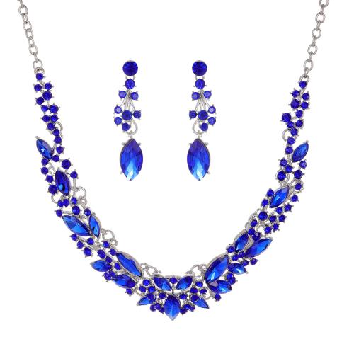 Tibetan Style Jewelry Sets, Stud Earring & necklace, with Glass Rhinestone, with 5cm extender chain, 2 pieces & fashion jewelry & for woman & with rhinestone, more colors for choice, Length:45 cm, Sold By Set