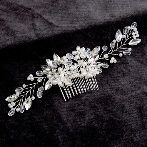 Decorative Hair Combs, Tibetan Style, with brass wire & Crystal & Plastic Pearl, for bridal & with rhinestone, more colors for choice, 200x50mm, Sold By PC