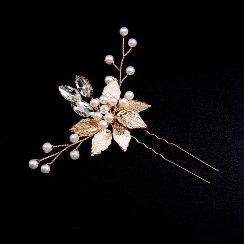 Hair Stick, Tibetan Style, with Plastic Pearl, for bridal & with rhinestone, golden, 100x100mm, Sold By PC