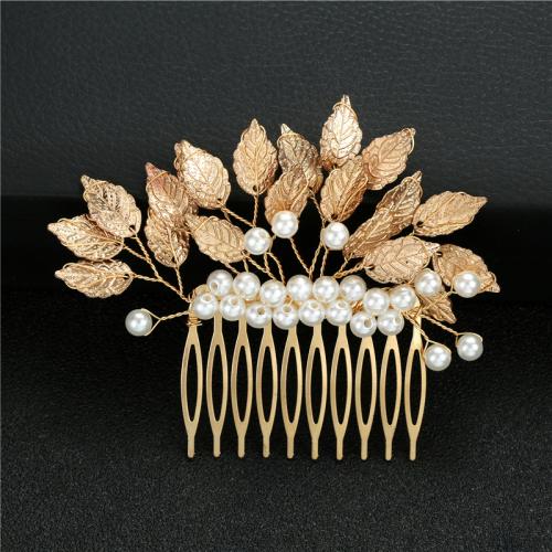 Decorative Hair Combs, Tibetan Style, with brass wire & Plastic Pearl, for bridal, golden, 100x80mm, Sold By PC