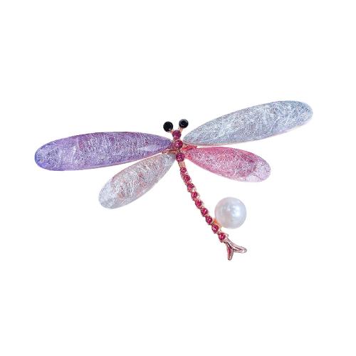 Tibetan Style Brooches, with Plastic Pearl, Dragonfly, for woman & with rhinestone, multi-colored, 72x37mm, Sold By PC