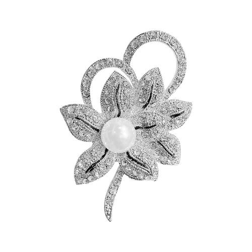 Tibetan Style Brooches, with Plastic Pearl, Flower, for woman & with rhinestone, silver color, 40x55mm, Sold By PC