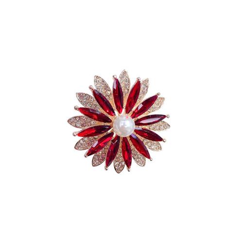 Tibetan Style Brooches, with Crystal & Plastic Pearl, for woman & with rhinestone, red, 45x45mm, Sold By PC