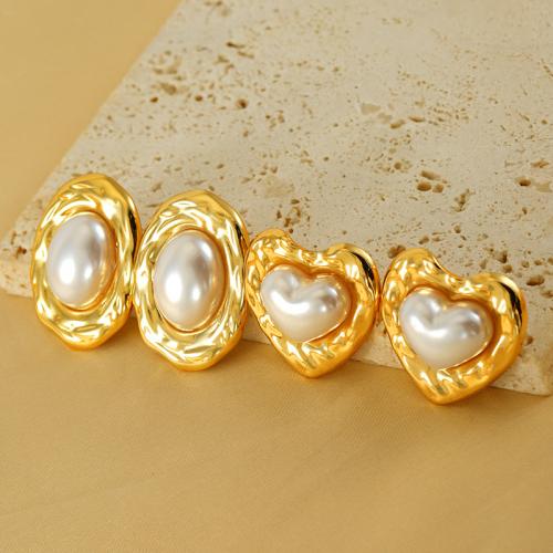 Stainless Steel Stud Earrings, 304 Stainless Steel, with Plastic Pearl, 18K gold plated, fashion jewelry & different styles for choice & for woman, golden, Sold By PC