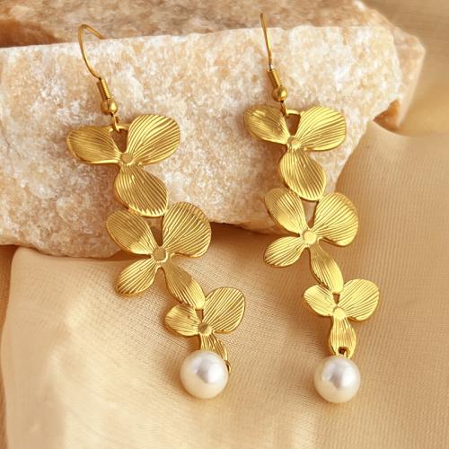 Stainless Steel Drop Earring, 304 Stainless Steel, with Plastic Pearl, Flower, fashion jewelry & for woman, golden, 77x20mm, Sold By Pair