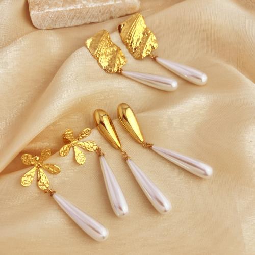 Stainless Steel Drop Earring, 304 Stainless Steel, with Plastic Pearl, 18K gold plated, fashion jewelry & different styles for choice & for woman, golden, Sold By Pair