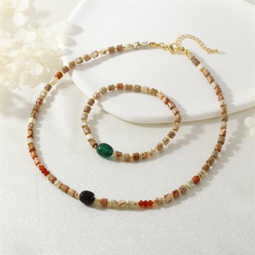 Natural Gemstone Jewelry Sets, bracelet & necklace, with Glass Beads & Brass, gold color plated, fashion jewelry & different styles for choice & for woman, more colors for choice, Sold By PC