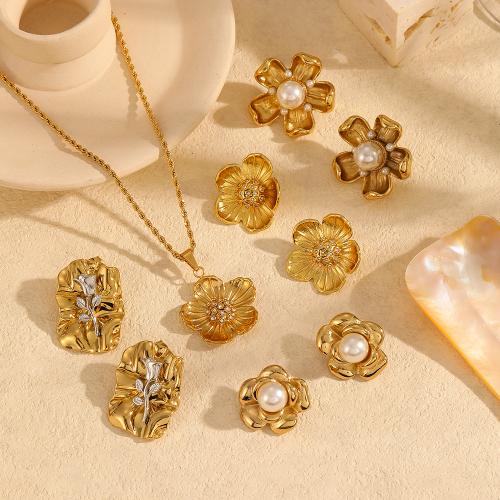 Cubic Zirconia Stainless Steel Jewelry Sets, Stud Earring & necklace, 304 Stainless Steel, with Plastic Pearl, Flower, gold color plated, different styles for choice & micro pave cubic zirconia & for woman, more colors for choice, Sold By PC