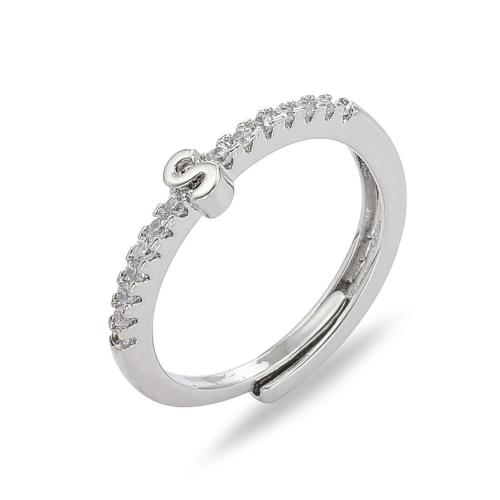 Cubique anneau en laiton Circonia Micro Pave, Lettre d’alphabet, Placage de couleur argentée, styles différents pour le choix & pavé de micro zircon & pour femme, plus de couleurs à choisir, protéger l'environnement, sans nickel, plomb et cadmium, Vendu par PC