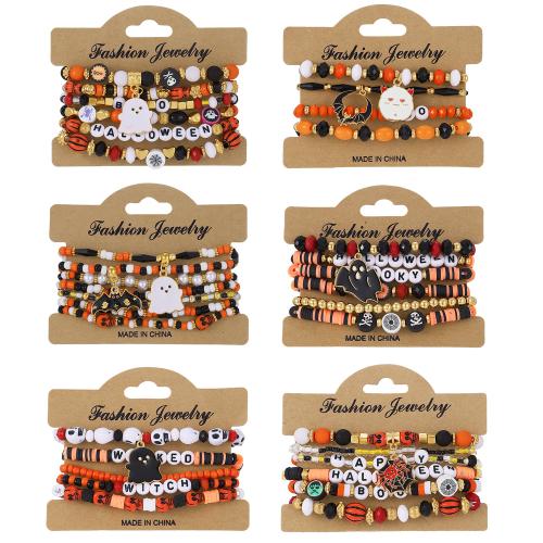 Halloween Bracelet, Polymer Clay, with Elastic Thread, handmade, Halloween Design & Unisex & enamel, multi-colored, Sold By Set