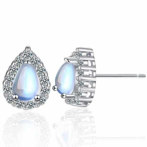 Cubic Zirconia Micro Pave Brass Earring, with Gemstone, plated, micro pave cubic zirconia & for woman, platinum color, 12x9mm, Sold By Pair