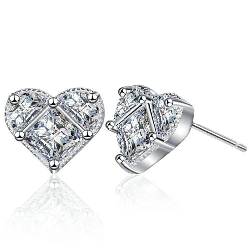 Cubic Zirconia Micro Pave Brass Earring, Heart, plated, micro pave cubic zirconia & for woman, platinum color, 10x10mm, Sold By Pair