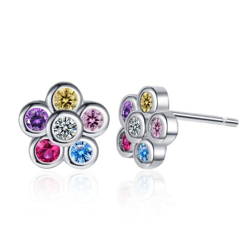 Boucles d'oreilles en laiton zircon cubique pavent, Pétales, Placage, pavé de micro zircon & pour femme, couleur platine, 6mm, Vendu par paire