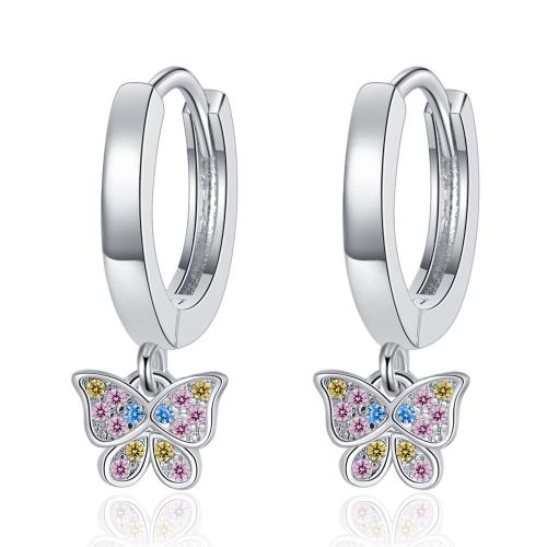 Boucles d'oreilles en laiton zircon cubique pavent, papillon, Placage, pavé de micro zircon & pour femme, couleur platine, Vendu par paire