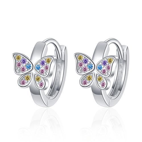 Boucles d'oreilles en laiton zircon cubique pavent, papillon, Placage, pavé de micro zircon & pour femme, couleur platine, 15x9mm, Vendu par paire