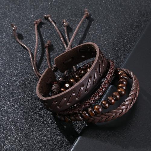 PU Leather Cord Bracelets, with Wood, 4 pieces & punk style & for man, brown, Sold By Set