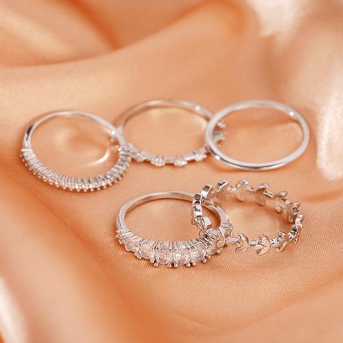 Fashion Brass Ring Set, 5 pieces & different size for choice & micro pave cubic zirconia & for woman, more colors for choice, Sold By Set