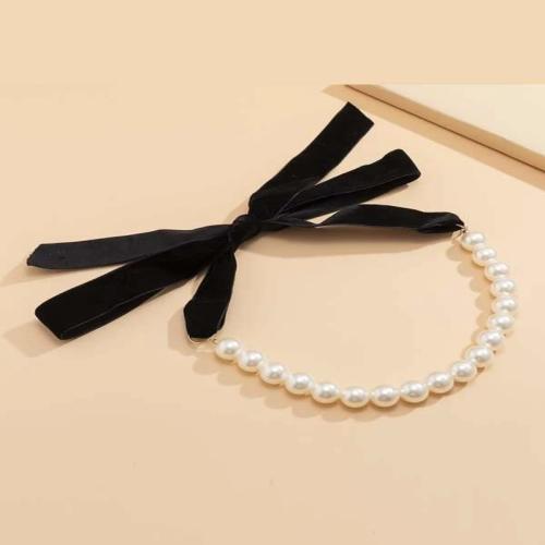 Plastic Pearl Necklace, with Velveteen, with 55cm extender chain, fashion jewelry, black, Length:55 cm, Sold By PC