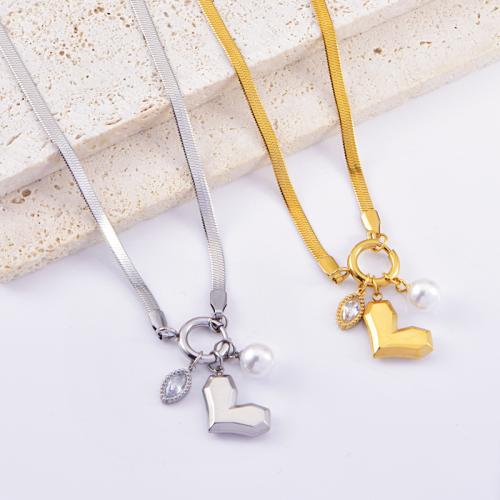 Stainless Steel Jewelry Necklace, 304 Stainless Steel, with Plastic Pearl, Heart, plated, micro pave cubic zirconia & for woman, more colors for choice, Sold By PC