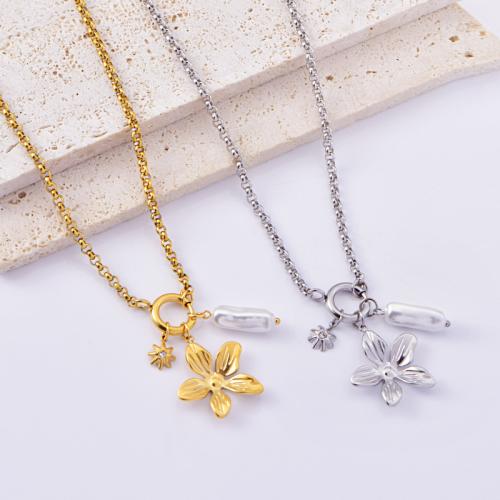 Stainless Steel Jewelry Necklace, 304 Stainless Steel, with Plastic Pearl, petals, plated, for woman, more colors for choice, Sold By PC