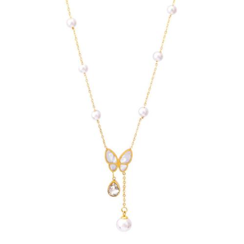 Titanium Steel Necklace, with Shell & Plastic Pearl, with 5CM extender chain, Butterfly, plated, micro pave cubic zirconia & for woman, gold, Length:Approx 41 cm, Sold By PC