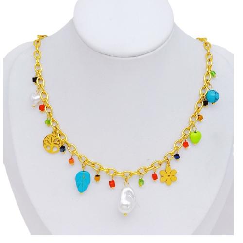 Titanium Steel Necklace, with Turquoise & Plastic Pearl, plated, micro pave cubic zirconia & for woman, gold, Sold By PC